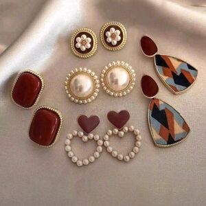 Elegant Pearl and Red Stone Earring Set